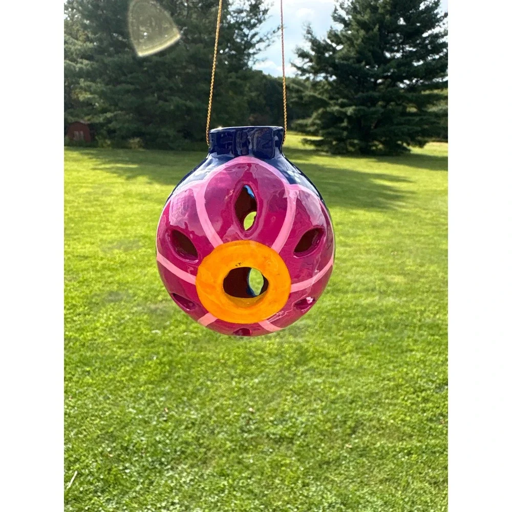 Hand Painted Talavera Style Ceramic Floral Sphere Hanging Ornament Blue Pink
